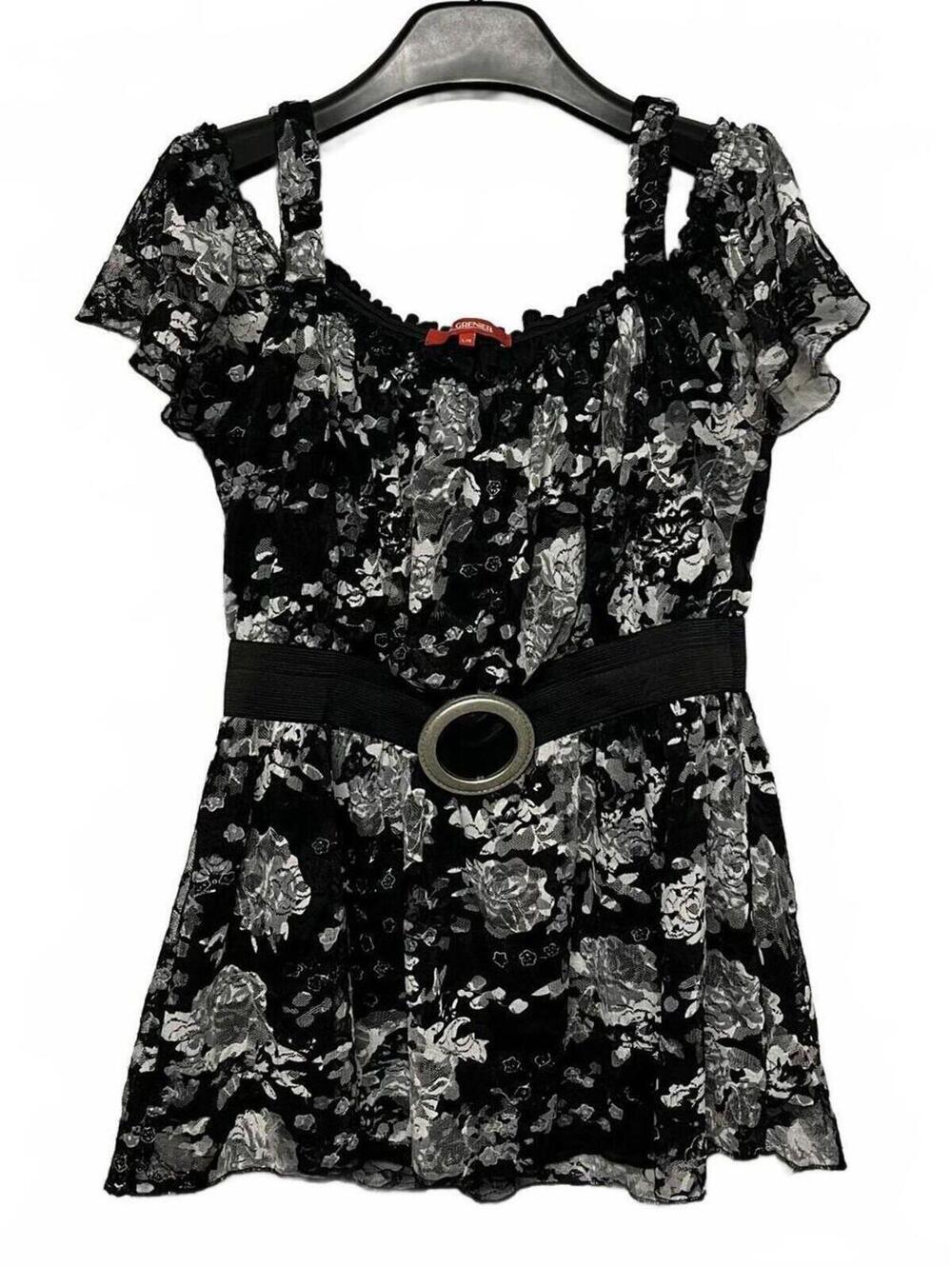 Y2K Le Grenier Floral Lace Babydoll Blouse W Open Shoulders & Waist Belt Sz L